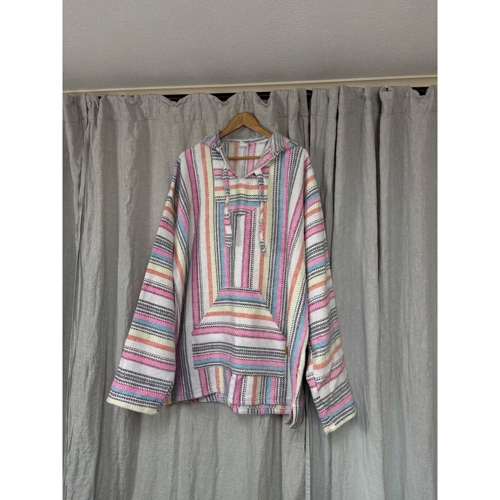 Molina Mexican Baja Hoodie Mens 2XL Striped Pink Blue White Pullover Drug Rug